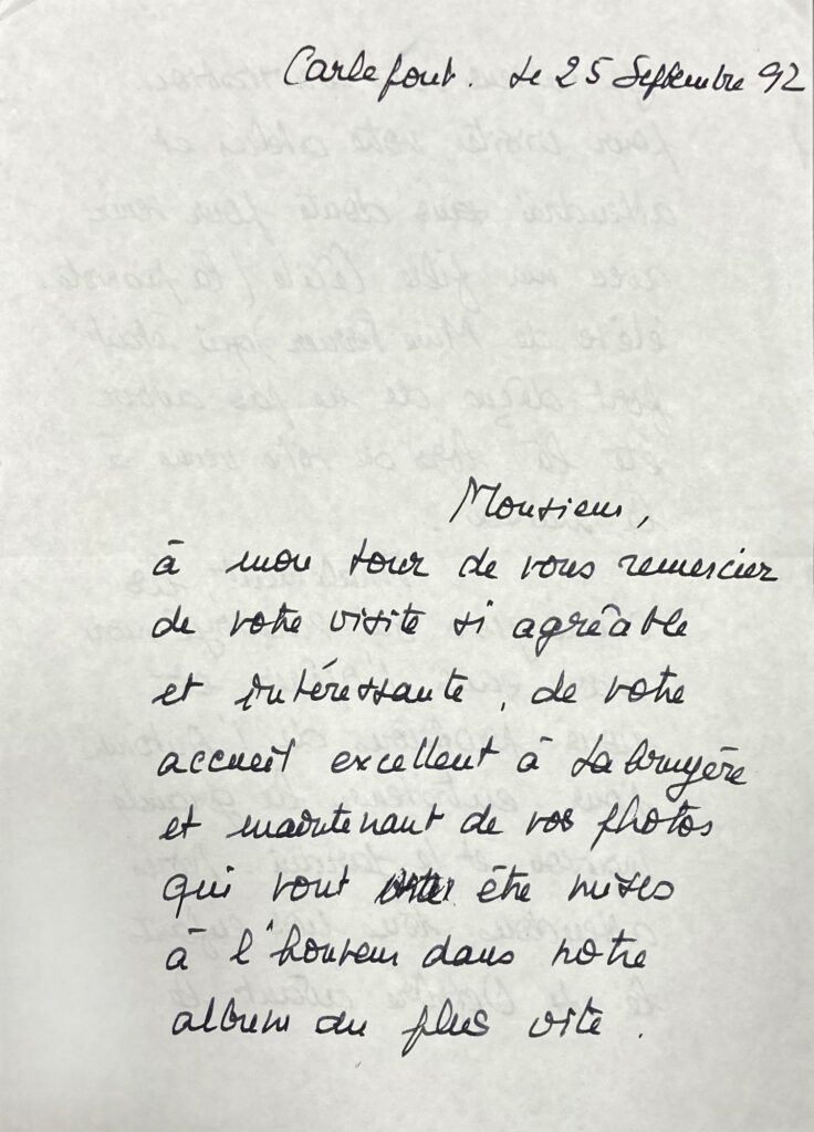 Lettre du 25 septembre 1992 de Madame Maës confirmant la visite de Bernard Millant. 
© DR / © Vichy Enchères 