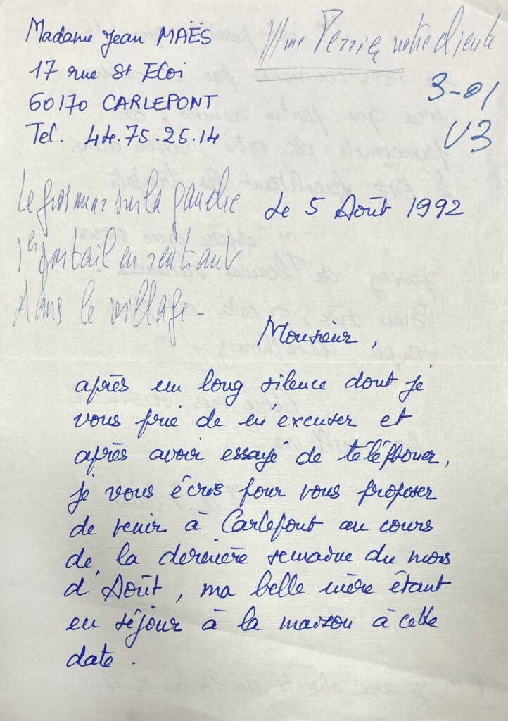 Lettre de Madame Jean Maës à Bernard Millant datant du 5 août 1992. © DR / © Vichy Enchères