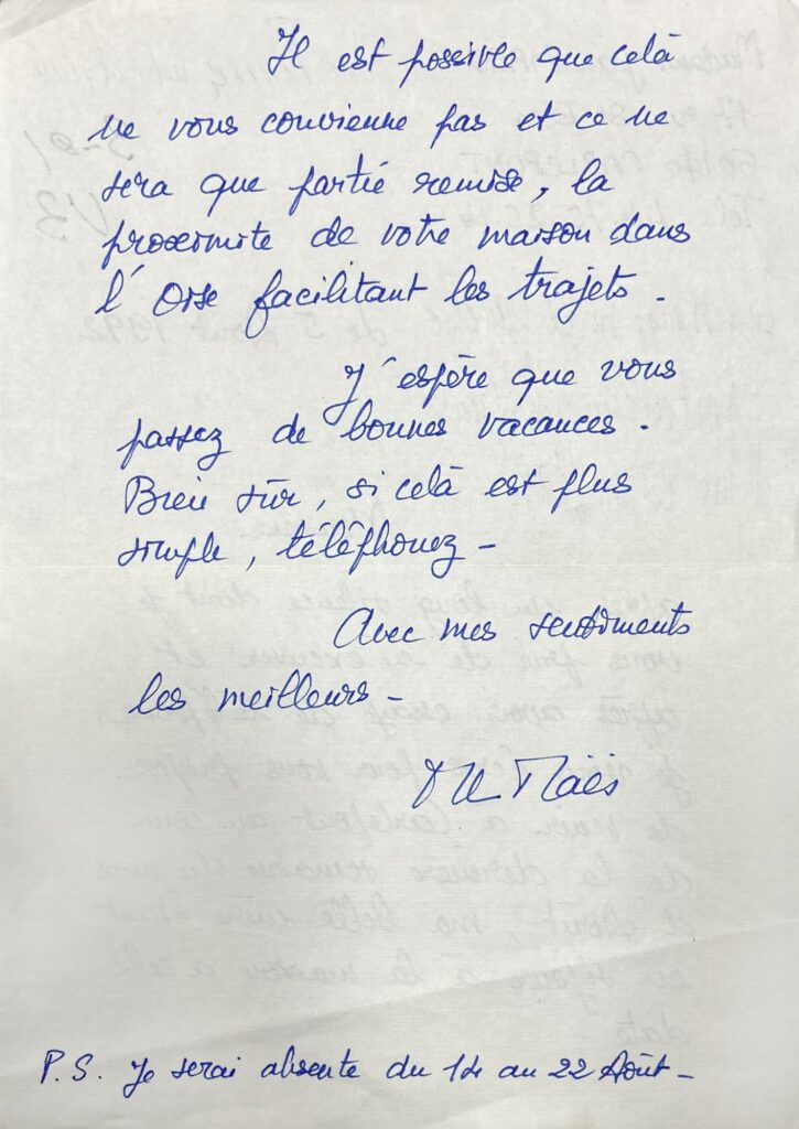 Lettre de Madame Jean Maës à Bernard Millant datant du 5 août 1992. © DR / © Vichy Enchères